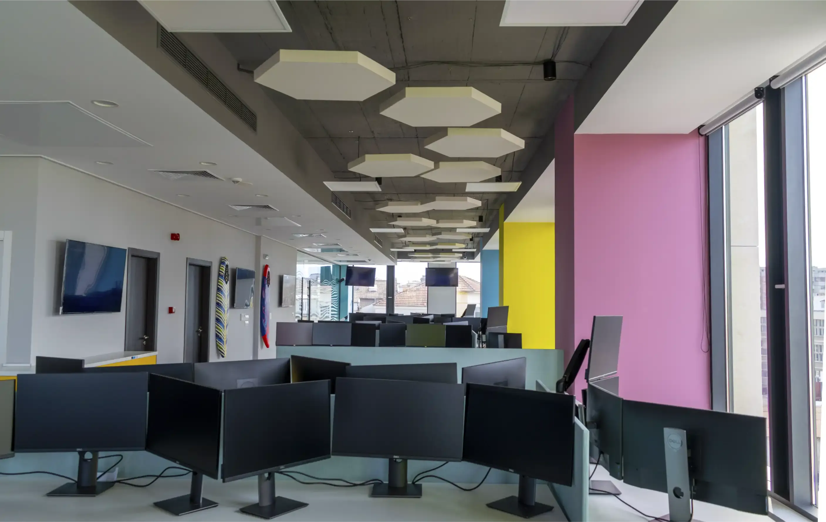 Acoustic panels installed in vibrant office